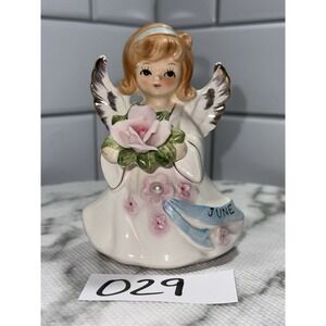 Lefton June Birthday Angel Figurine 6224 w/ Pearl Pink Rose Japan